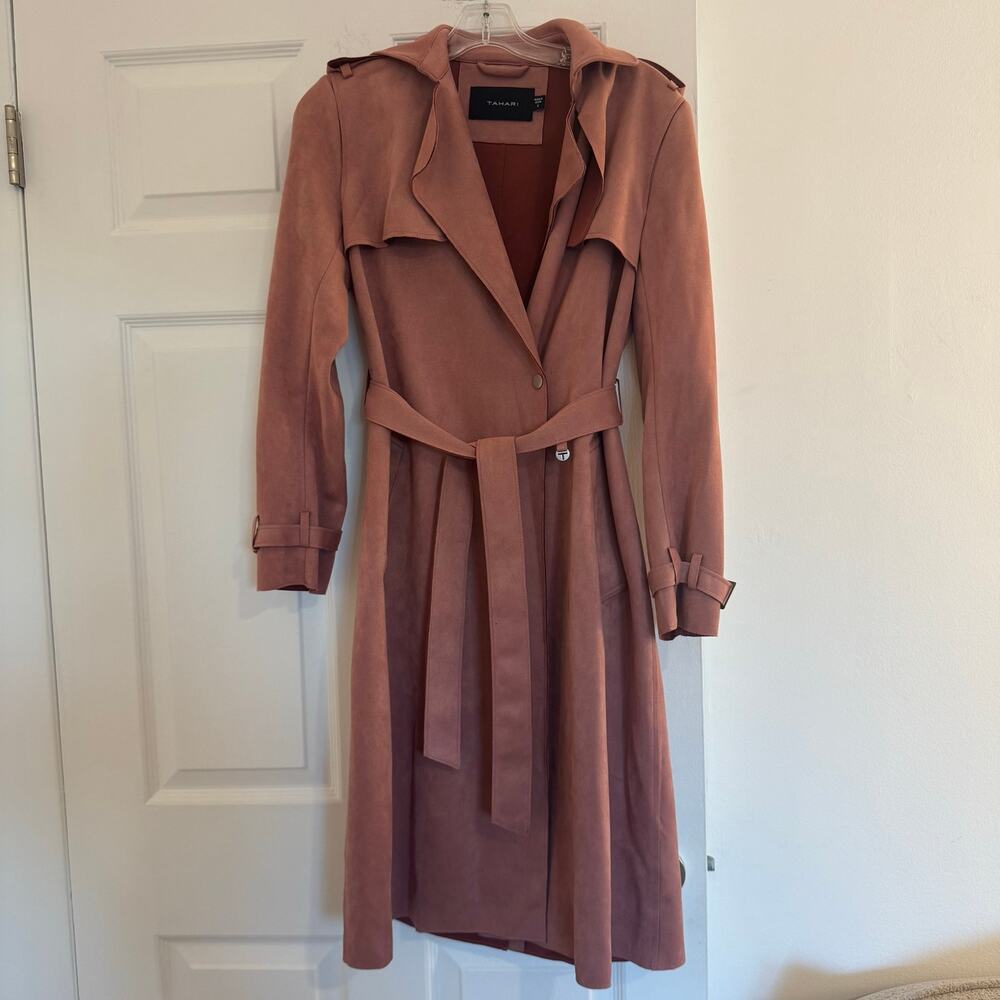 Tahari Mel Faux Suede Belted Trench Coat Dusty Rose Mauve Hooded Size S Luxury